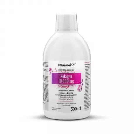 Kolagen w Płynie 10 000 mg Kwas Hialuronowy Organiczny Biotyna Ekstrakty Roślinne i Witaminy o Smaku Owocowym 500 ml Pharmovit