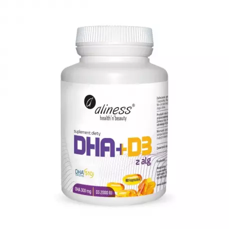 Kwasy Omega-3 DHA 300 mg + Witamina D3 2000 IU z Alg (60 kaps) Aliness