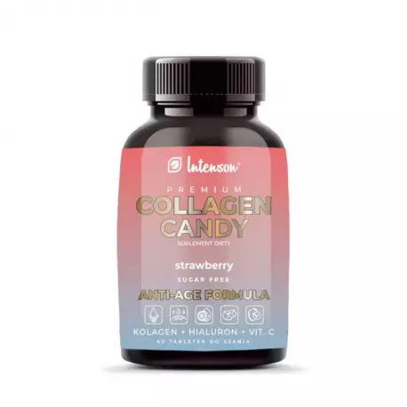 Collagen CANDY ANTI-AGE FORMUŁA z Kwasem Hialuronowym i Witaminą C o smaku Truskawkowym do Ssania 500 mg (60 tab) INTENSON