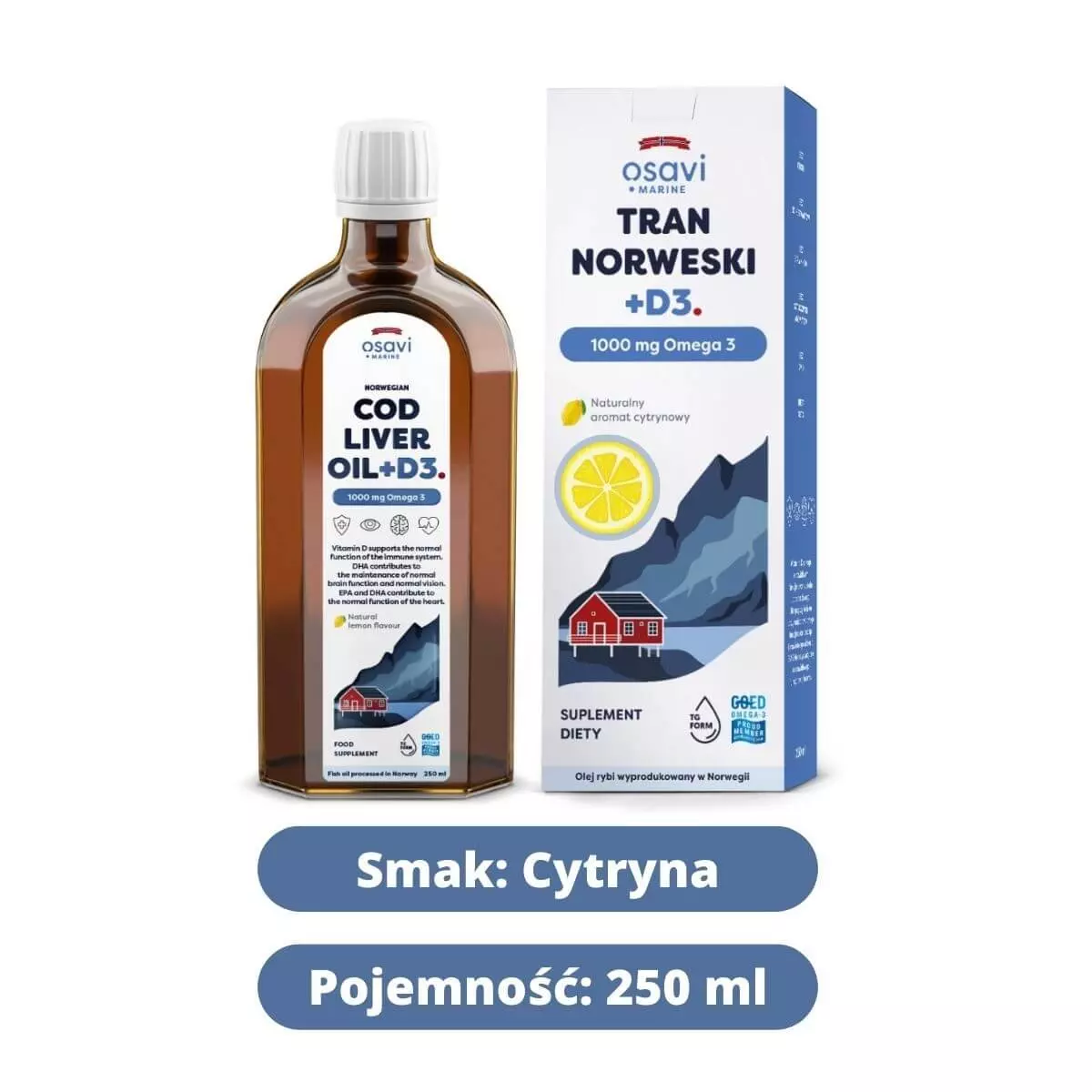 Tran Norweski + D3 1000 mg Omega-3 Nienasycone Kwasy Tłuszczowe DHA i EPA z Aromatem Cytrynowym 250 ml Osavi Tran Norweski + D3 1000 mg Omega-3 Nienasycone Kwasy Tłuszczowe DHA i EPA z Aromatem Cytrynowym 250 ml Osavi