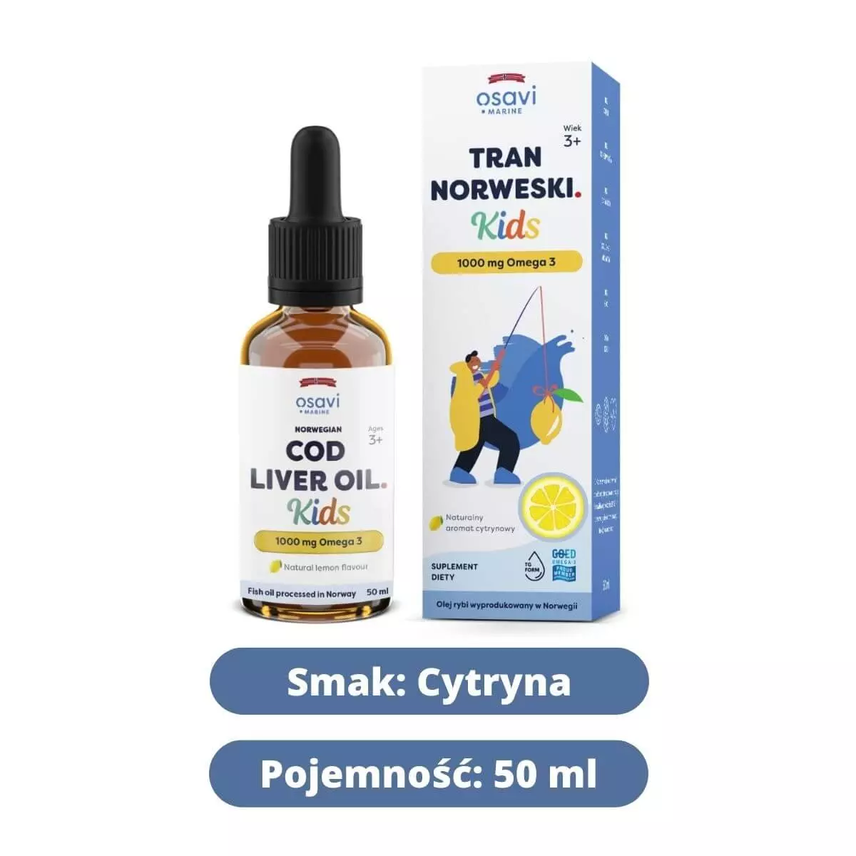 Tran Norweski Kids 1000 mg Omega-3 Nienasycone Kwasy Tłuszczowe DHA i EPA z Aromatem Cytrynowym dla Dzieci 50 ml Osavi Tran Norweski Kids 1000 mg Omega-3 Nienasycone Kwasy Tłuszczowe DHA i EPA z Aromatem Cytrynowym dla Dzieci 50 ml Osavi