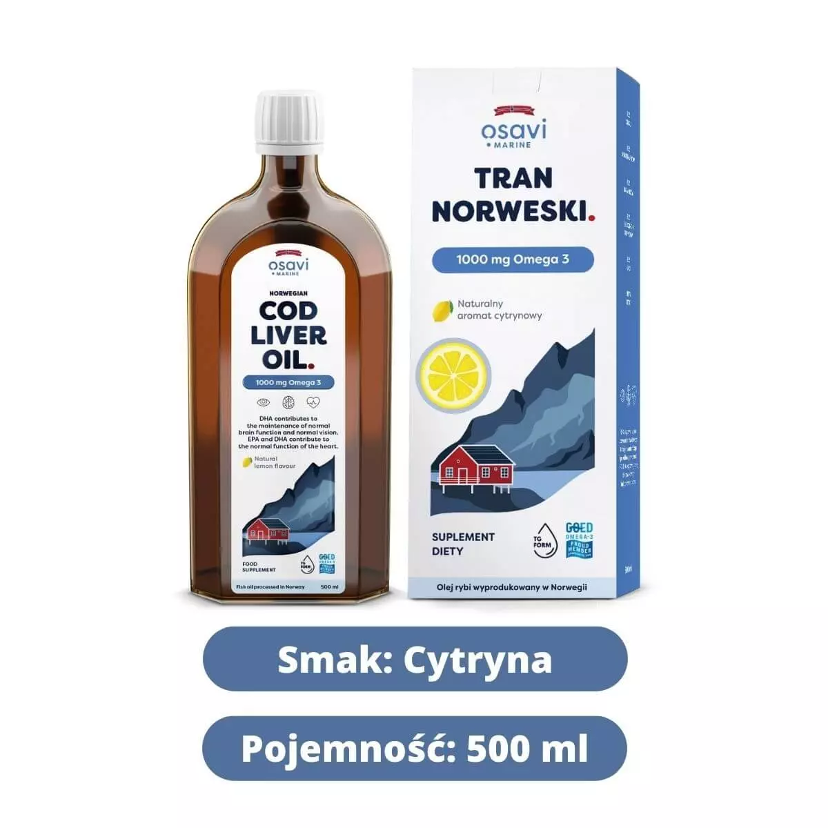 Tran Norweski 1000 mg Omega-3 Nienasycone Kwasy Tłuszczowe DHA i EPA z Aromatem Cytrynowym 500 ml Osavi Tran Norweski 1000 mg Omega-3 Nienasycone Kwasy Tłuszczowe DHA i EPA z Aromatem Cytrynowym 500 ml Osavi