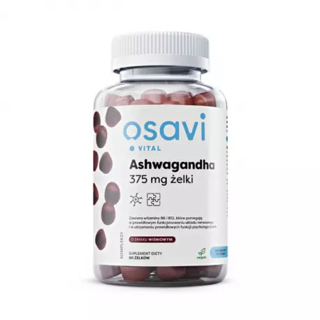 Ashwagandha 375 mg w Żelkach z witaminą B6 i B12 o Smaku Wiśniowym VEGE (90 szt) Osavi