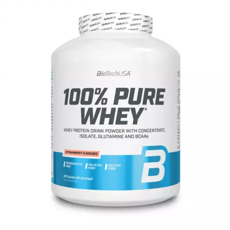 100% PURE WHEY Koncentrat i Izolat Białka Serwatkowego Odżywka Białkowa w Proszku Smak Truskawkowy Bez Glutenu 2270 g BioTechUSA