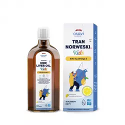 Tran Norweski Kids 500 mg Omega-3 Nienasycone Kwasy Tłuszczowe DHA i EPA z Aromatem Cytrynowym dla Dzieci 250 ml Osavi