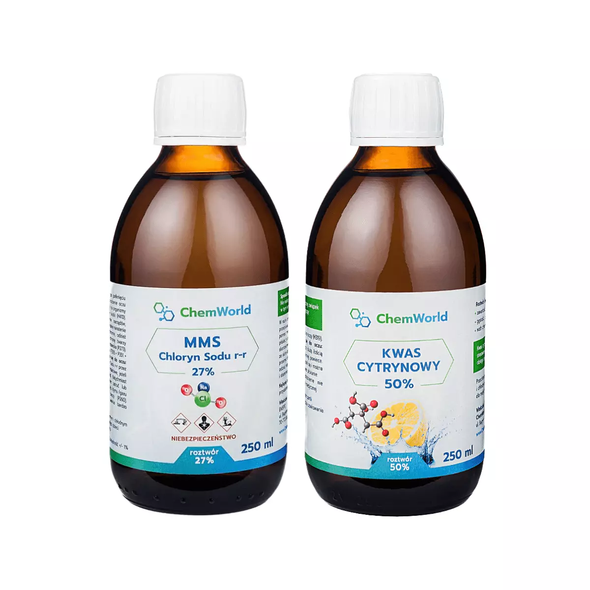 Zestaw MMS Chloryn Sodu 27% 250 ml + Aktywator Kwas Cytrynowy 50% 250 ml ChemWorld Zestaw MMS Chloryn Sodu 27% 250 ml + Aktywator Kwas Cytrynowy 50% 250 ml ChemWorld