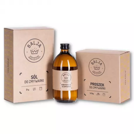 Powiększony zestaw do zmywarki Sól 2 kg + Nabłyszczacz 500 ml + Proszek 1,2 kg Ekologiczne Biodegradowalne BALJA