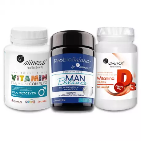 Zestaw Dla Mężczyzn Witaminy i Minerały (120 tab) + Probiotyki ProbioBalance Man (30 kaps) + Witamina D3 4000 (120 kaps) Aliness
