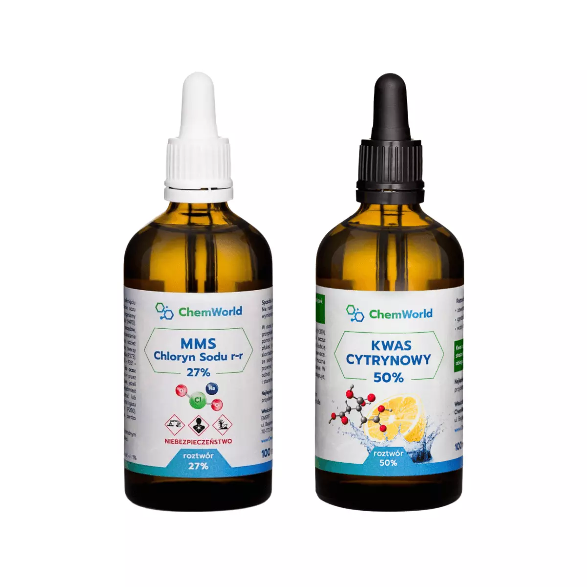 Zestaw MMS Chloryn Sodu 27% 100 ml + Aktywator Kwas Cytrynowy 50% 100 ml ChemWorld Zestaw MMS Chloryn Sodu 27% 100 ml + Aktywator Kwas Cytrynowy 50% 100 ml ChemWorld
