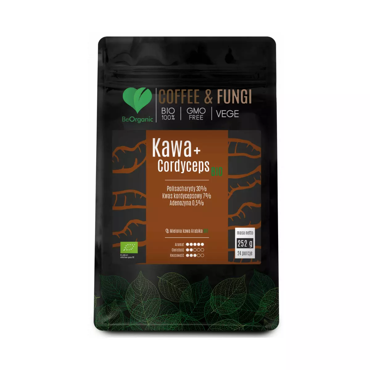 COFFEE & FUNGI Kawa Arabica Mielona + Cordyceps Ekstrakty z grzybów BIO VEGE 252 g BeOrganic COFFEE & FUNGI Kawa Arabica Mielona + Cordyceps Ekstrakty z grzybów BIO VEGE 252 g BeOrganic