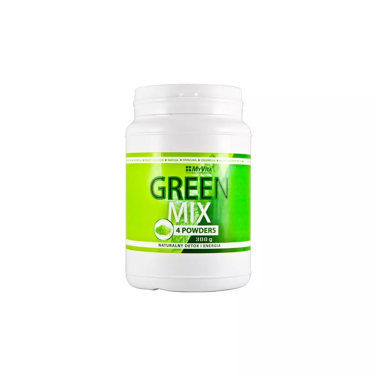 GREEN MIX 4w1 Spirulina Chlorella Młody Jęczmień Matcha 300 g Myvita GREEN MIX 4w1 Spirulina Chlorella Młody Jęczmień Matcha 300 g Myvita