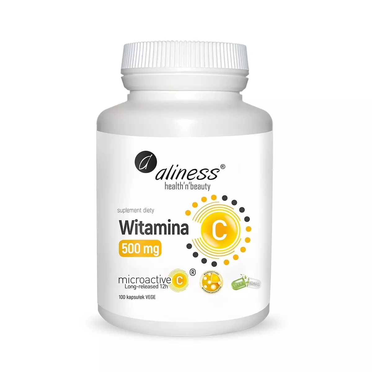 Witamina C 500 mg MicroActive - Mikrokapsułkowana - Przedłużone Uwalnianie 12 h (100 kaps) Aliness Witamina C 500 mg MicroActive - Mikrokapsułkowana - Przedłużone Uwalnianie 12 h (100 kaps) Aliness