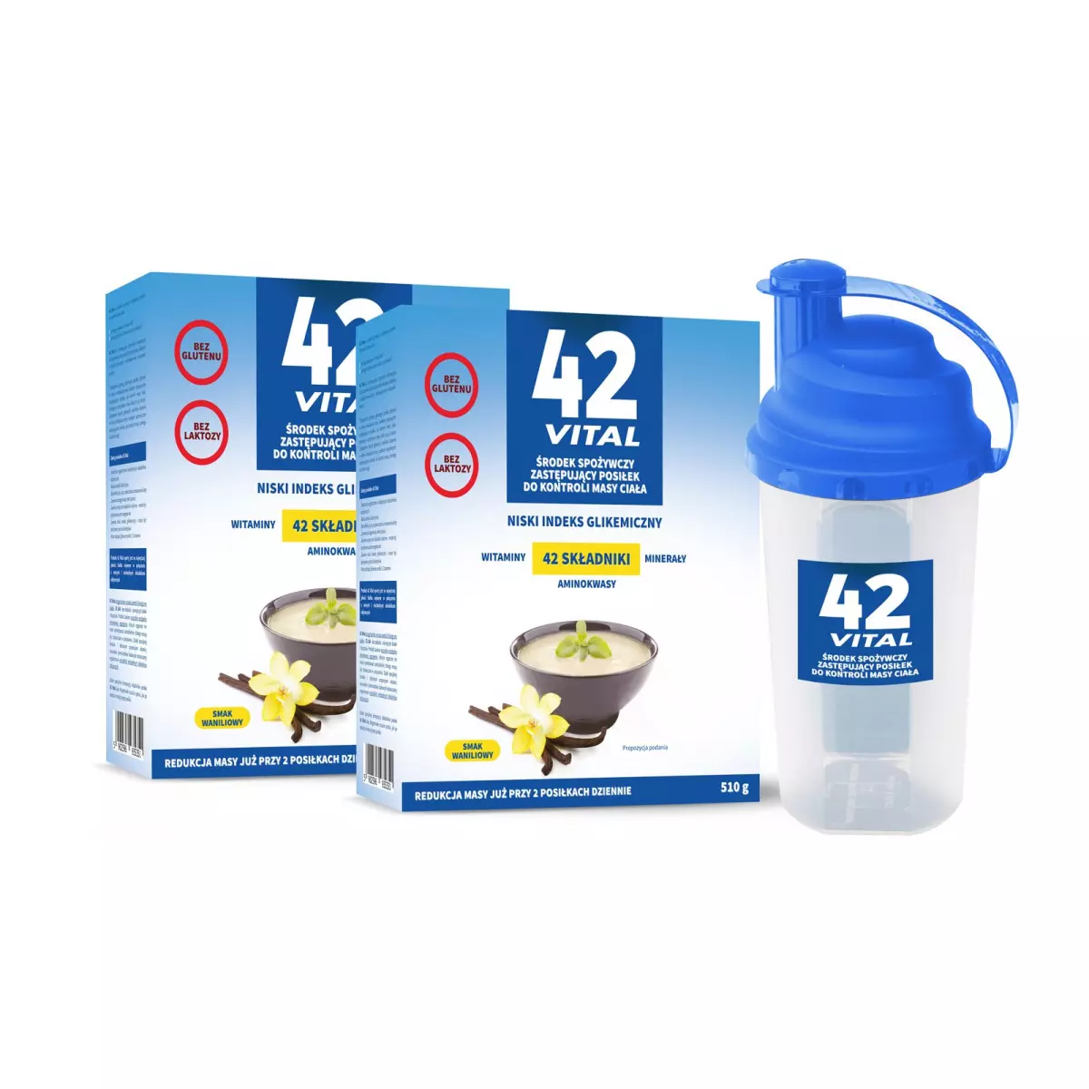 Zestaw 2 x 42 VITAL Niskokaloryczna Dieta Smak waniliowy 510g (1020g) + SHAKER Aliness Zestaw 2 x 42 VITAL Niskokaloryczna Dieta Smak waniliowy 510g (1020g) + SHAKER Aliness