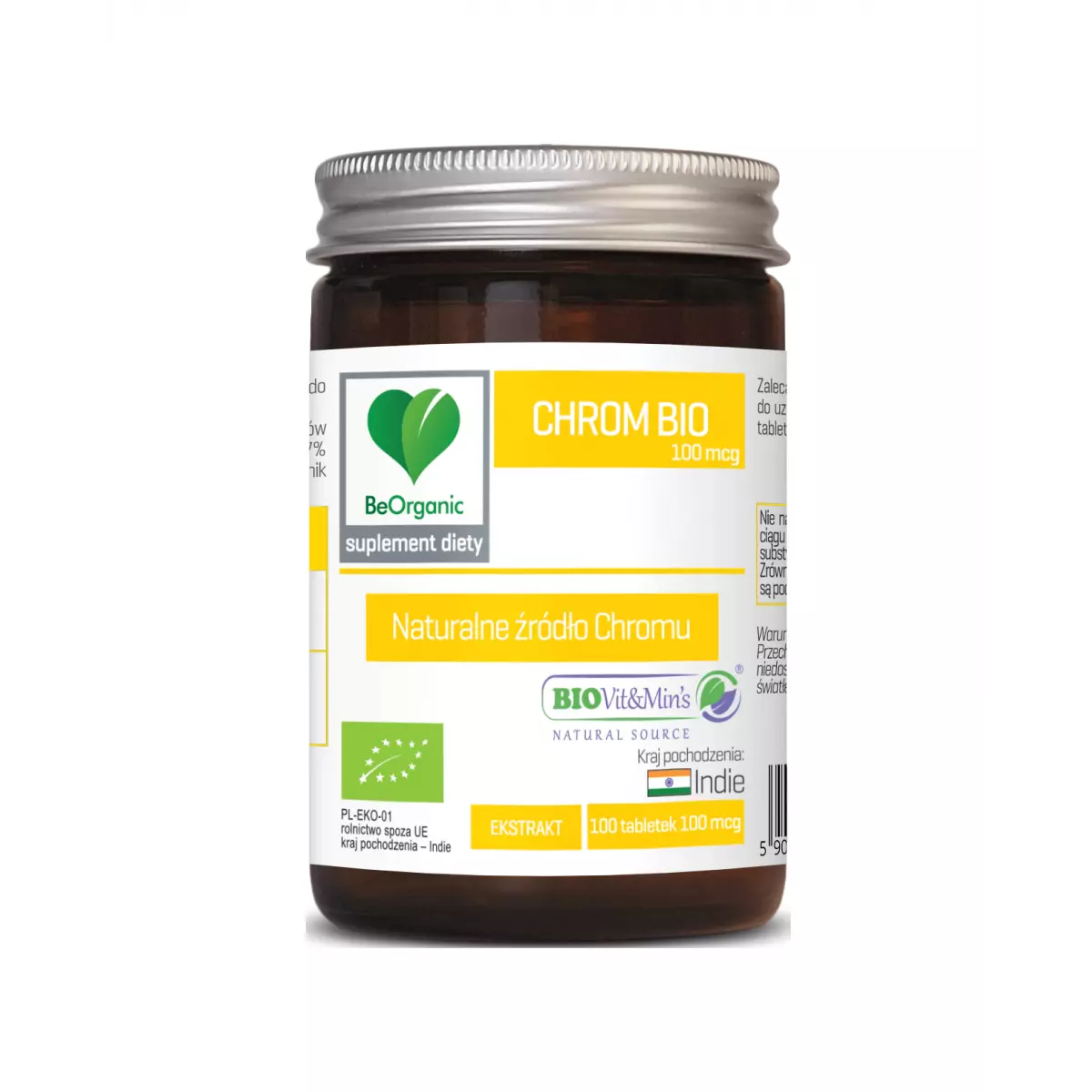 Chrom BIO 100 mcg Naturalne źródło Chromu (100 tab) BeOrganic Chrom BIO 100 mcg Naturalne źródło Chromu (100 tab) BeOrganic