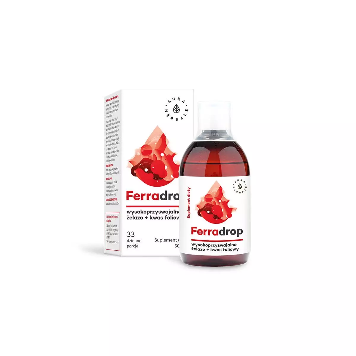Ferradrop Żelazo + Kwas foliowy + Witaminy B6 + B12 + Witamina C 500 ml w Płynie Aura Herbals Ferradrop Żelazo + Kwas foliowy + Witaminy B6 + B12 + Witamina C 500 ml w Płynie Aura Herbals