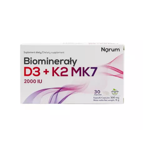 Biominerały Wapń + Witamina D3 2000 IU + K2 100 mcg (30 kaps) Narum