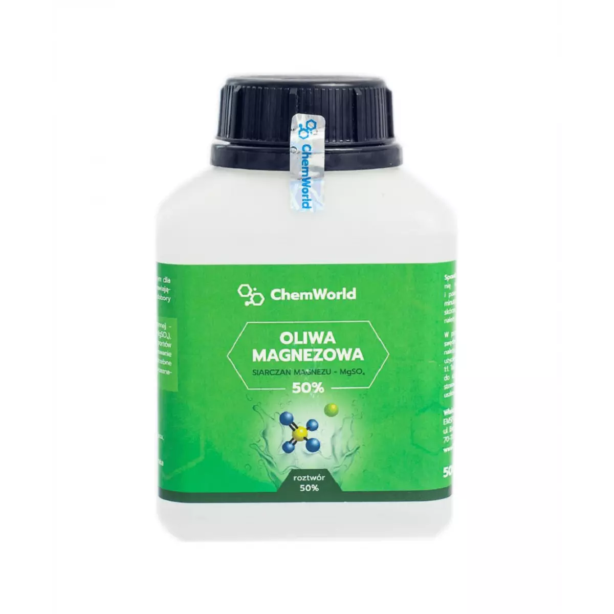 Oliwa Magnezowa 50% Siarczan Magnezu Sól Epsom Gorzka 500 ml ChemWorld Oliwa Magnezowa 50% Siarczan Magnezu Sól Epsom Gorzka 500 ml ChemWorld