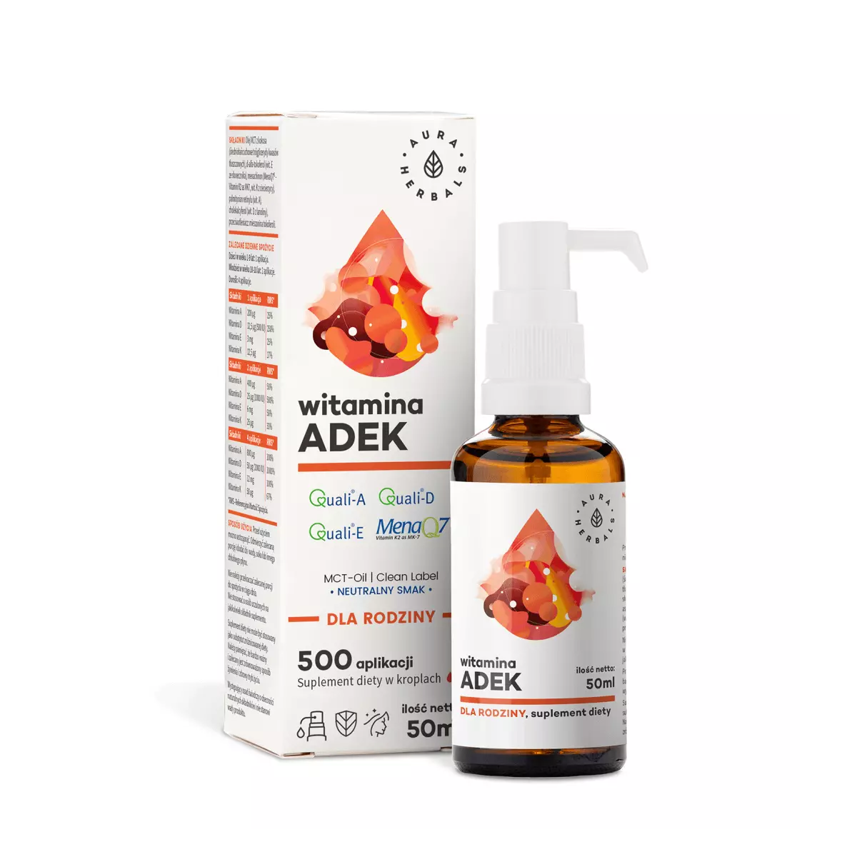 Witaminy ADEK dla Rodziny + Olej MCT Clean Label w płynie 50 ml Krople Aura Herbals Witaminy ADEK dla Rodziny + Olej MCT Clean Label w płynie 50 ml Krople Aura Herbals