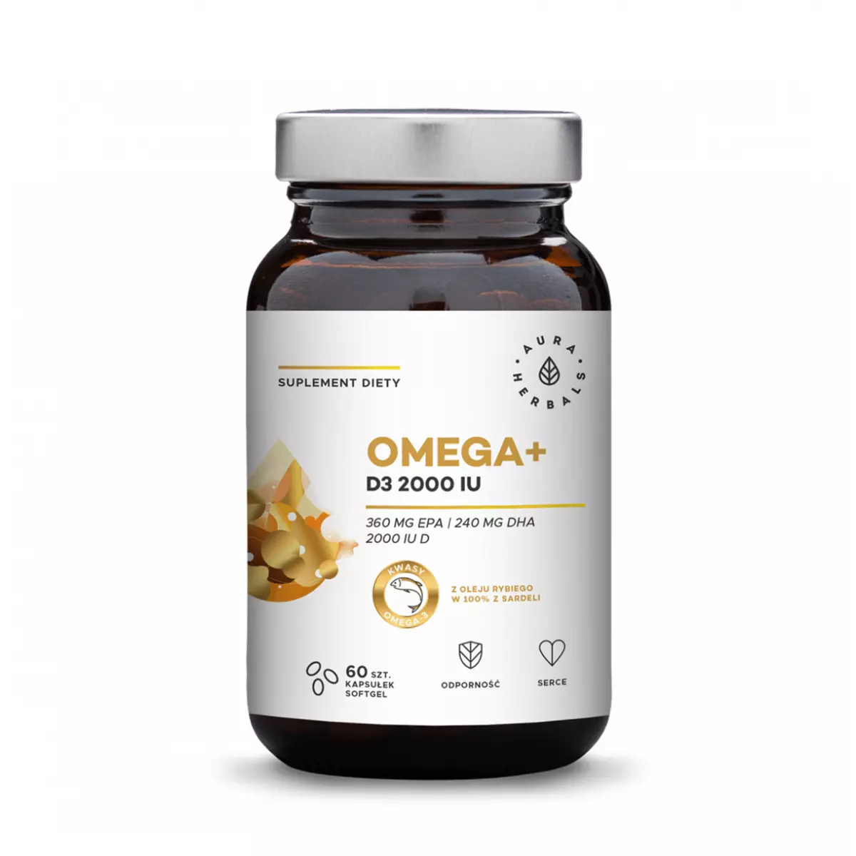 Omega+ Witamina D3 2000 IU Kwasy DHA 240 mg + EPA 360 mg (60 sgels) Aura Herbals Omega+ Witamina D3 2000 IU Kwasy DHA 240 mg + EPA 360 mg (60 sgels) Aura Herbals