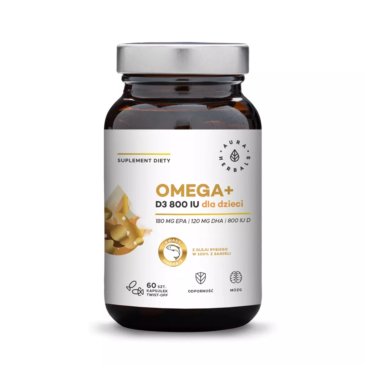 Omega+ Witamina D3 800 IU Dla Dzieci Kwasy DHA 120 mg + EPA 180 mg (60 kaps twist-off) Aura Herbals Omega+ Witamina D3 800 IU Dla Dzieci Kwasy DHA 120 mg + EPA 180 mg (60 kaps twist-off) Aura Herbals