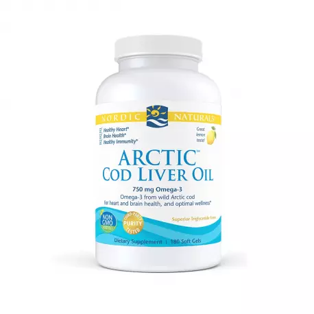 Arctic Cod Liver Oil Omega-3 750 mg Cytrynowy Smak EPA DHA Naturalny Olej z wątroby Dorsza Arktycznego (180 sg) Nordic Naturals