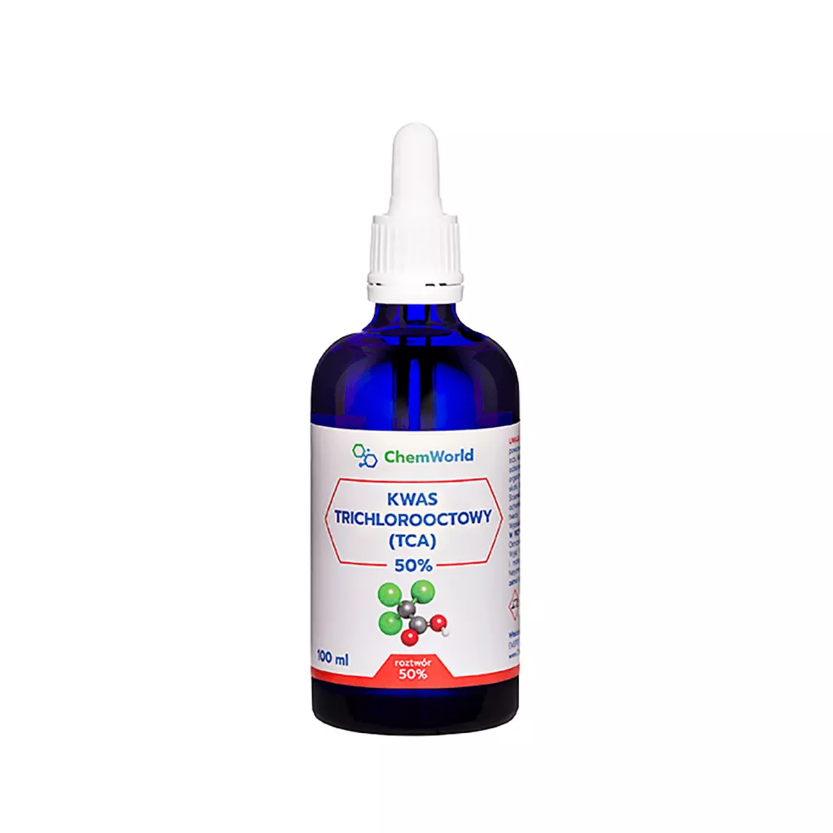 TCA Kwas Trójchlorooctowy Trichlorooctowy 50% Roztwór 100 ml Szklana Butelka z Pipetą ChemWorld TCA Kwas Trójchlorooctowy Trichlorooctowy 50% Roztwór 100 ml Szklana Butelka z Pipetą ChemWorld