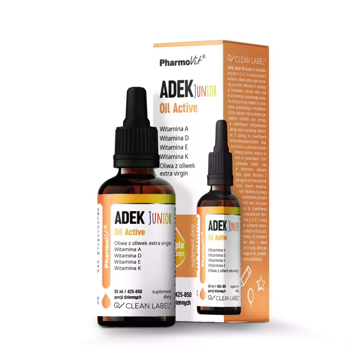 Witaminy ADEK Junior Oil Active Kompleks Witamin dla Dzieci Clean Label Krople 30 ml PharmoVit Witaminy ADEK Junior Oil Active Kompleks Witamin dla Dzieci Clean Label Krople 30 ml PharmoVit