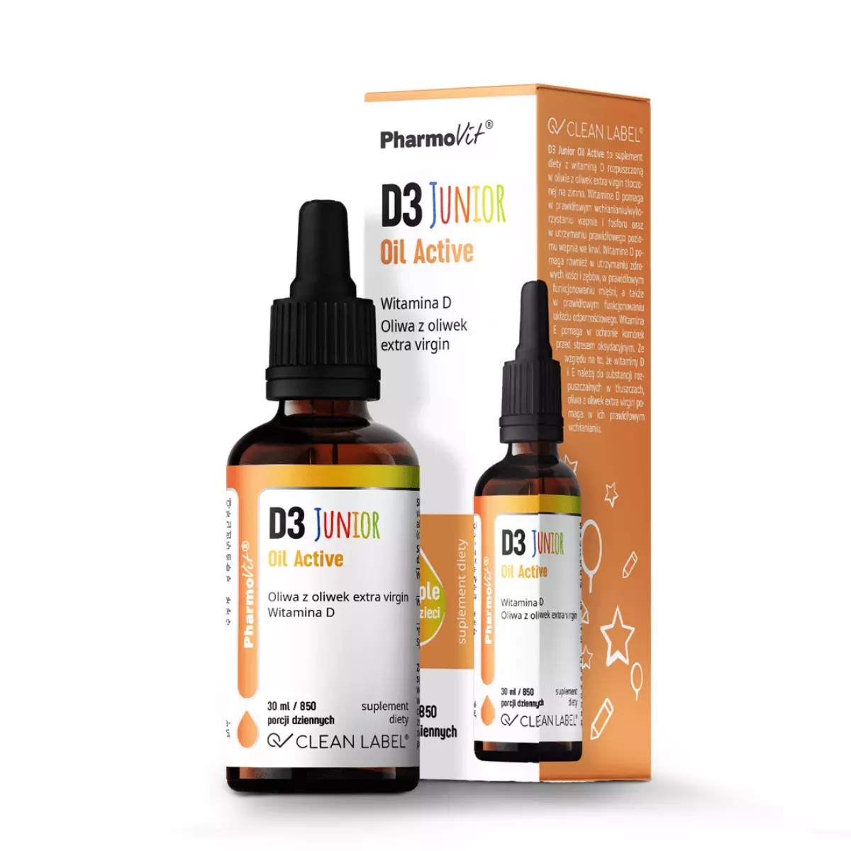 Witamina D3 Junior Oil Active dla Dzieci Clean Label Krople 30 ml PharmoVit Witamina D3 Junior Oil Active dla Dzieci Clean Label Krople 30 ml PharmoVit