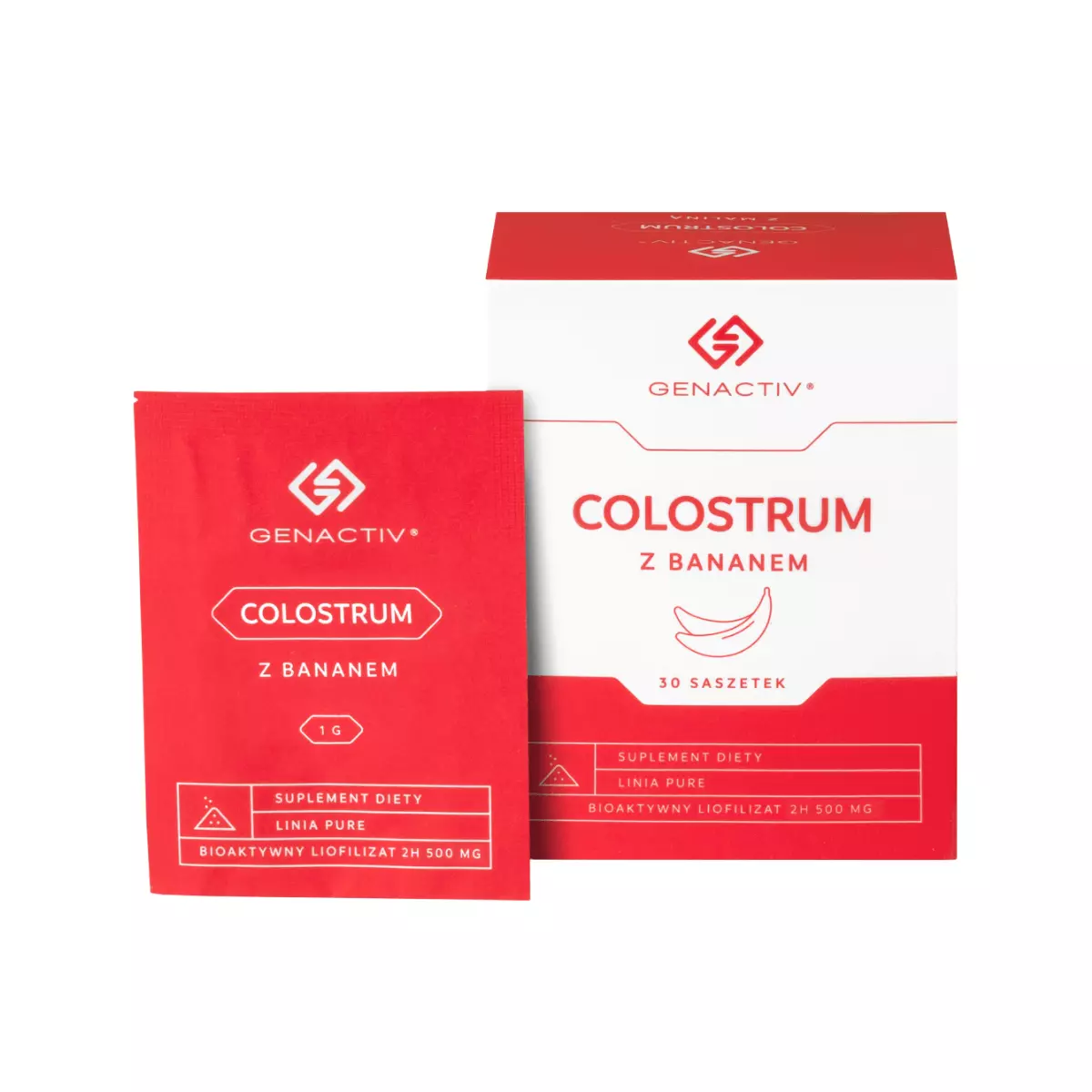 Colostrum Bovinum Bioaktywny Liofilizat 2h 500 mg z Bananem Wsparcie Odporności (30 saszetek) Genactiv Colostrum Bovinum Bioaktywny Liofilizat 2h 500 mg z Bananem Wsparcie Odporności (30 saszetek) Genactiv