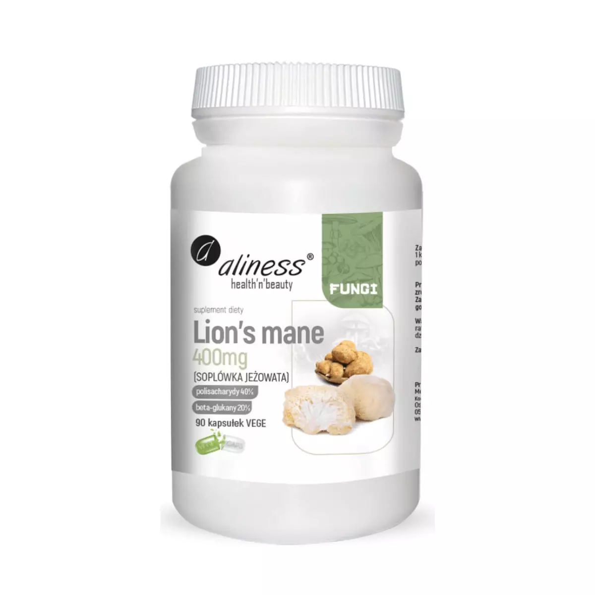 Soplówka Jeżowata Lion's Mane Ekstrakt 400 mg (90 kaps) VEGE Aliness Soplówka Jeżowata Lion's Mane Ekstrakt 400 mg (90 kaps) VEGE Aliness