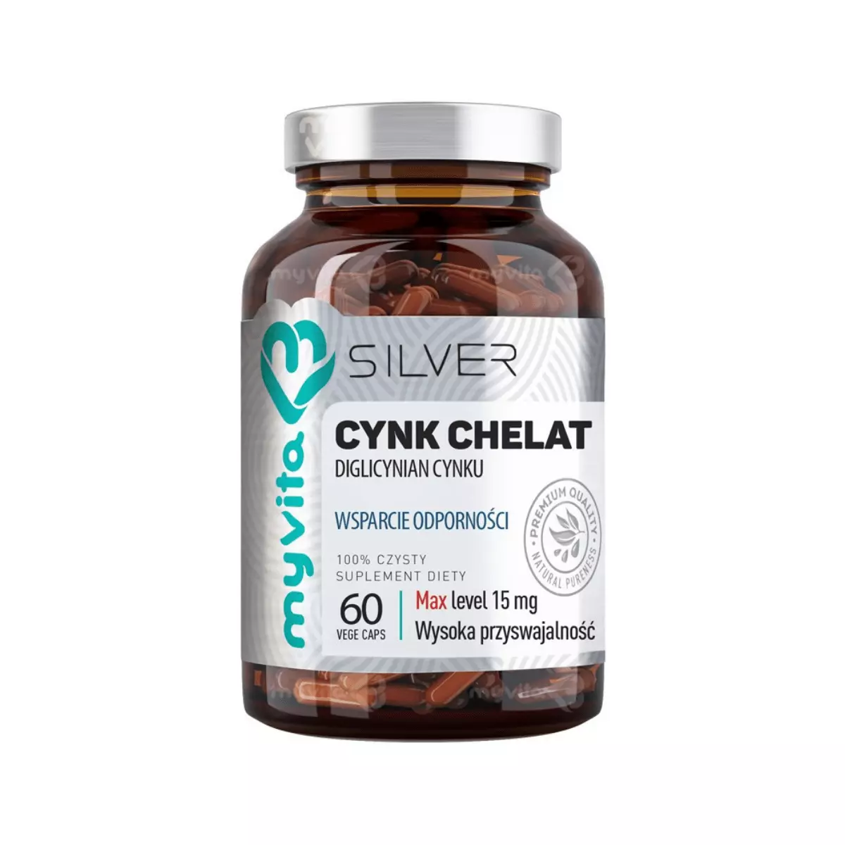 Cynk Chelat Diglicynian Cynku 15 mg Wsparcie Odporności (60 kaps) Silver MyVita Cynk Chelat Diglicynian Cynku 15 mg Wsparcie Odporności (60 kaps) Silver MyVita