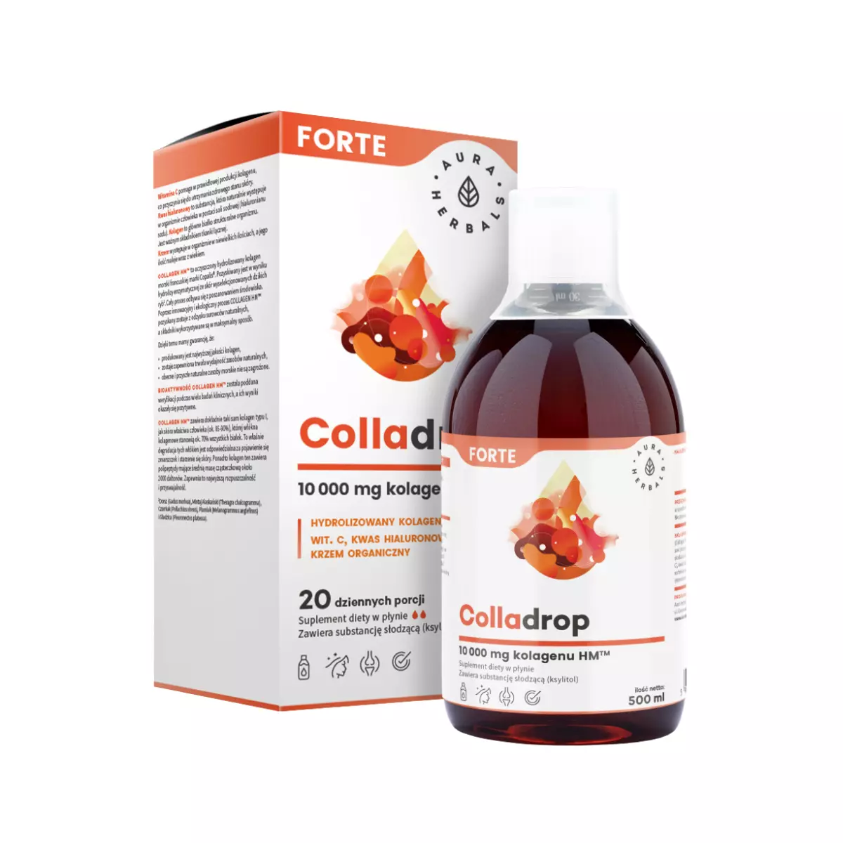 Colladrop FORTE Kolagen Morski 10 000 mg Typu I i III Uniwersalny 500 ml w Płynie Aura Herbals Colladrop FORTE Kolagen Morski 10 000 mg Typu I i III Uniwersalny 500 ml w Płynie Aura Herbals