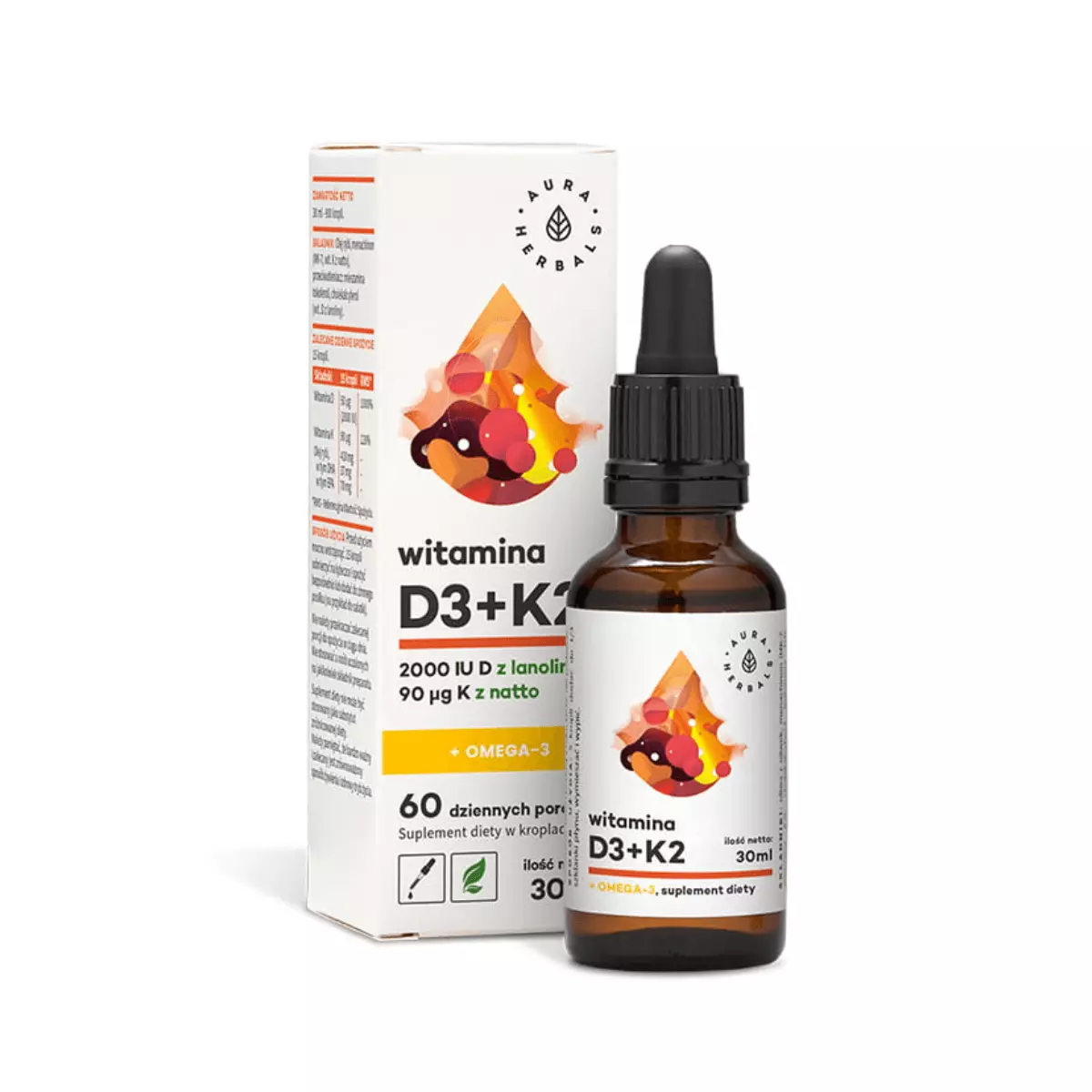 Witamina D3 2000 IU + Witamina K2 MK-7 + OMEGA-3 Krople 30 ml Aura Herbals Witamina D3 2000 IU + Witamina K2 MK-7 + OMEGA-3 Krople 30 ml Aura Herbals
