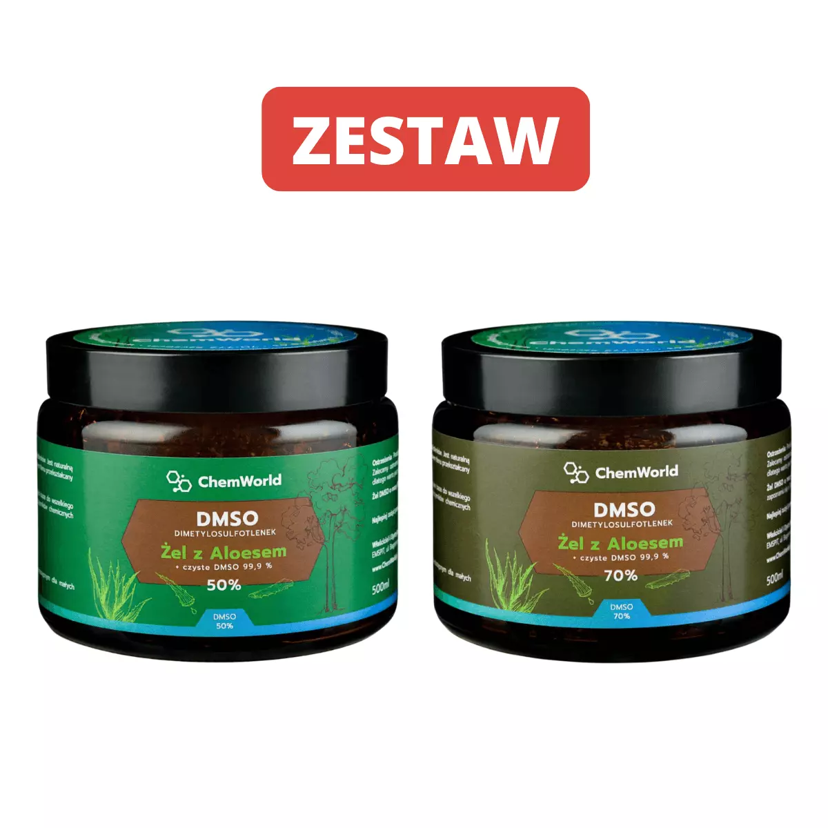 Badania DMSO - Zestaw na START Żel DMSO 50% 500 ml + Żel DMSO 70% 500 ml z Aloesem Meksykańskim ChemWorld Badania DMSO - Zestaw na START Żel DMSO 50% 500 ml + Żel DMSO 70% 500 ml z Aloesem Meksykańskim ChemWorld