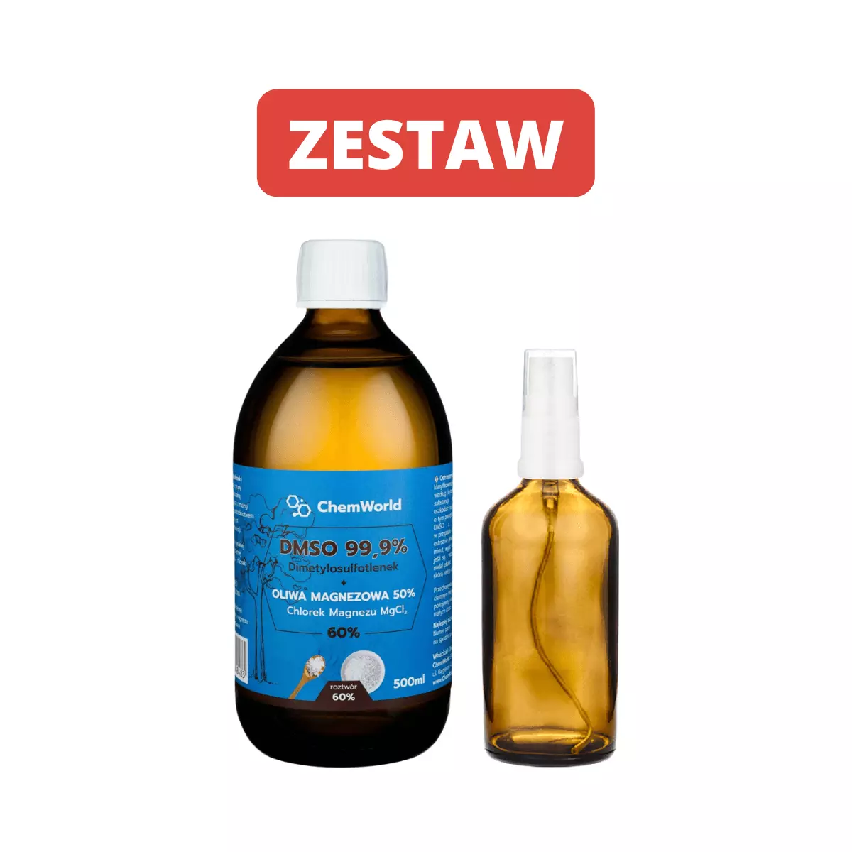 Zestaw DMSO 99,9% z Magnezem (chlorek) Roztwór 60% 500 ml + Butelka szklana z Atomizerem 100 ml ChemWorld Zestaw DMSO 99,9% z Magnezem (chlorek) Roztwór 60% 500 ml + Butelka szklana z Atomizerem 100 ml ChemWorld