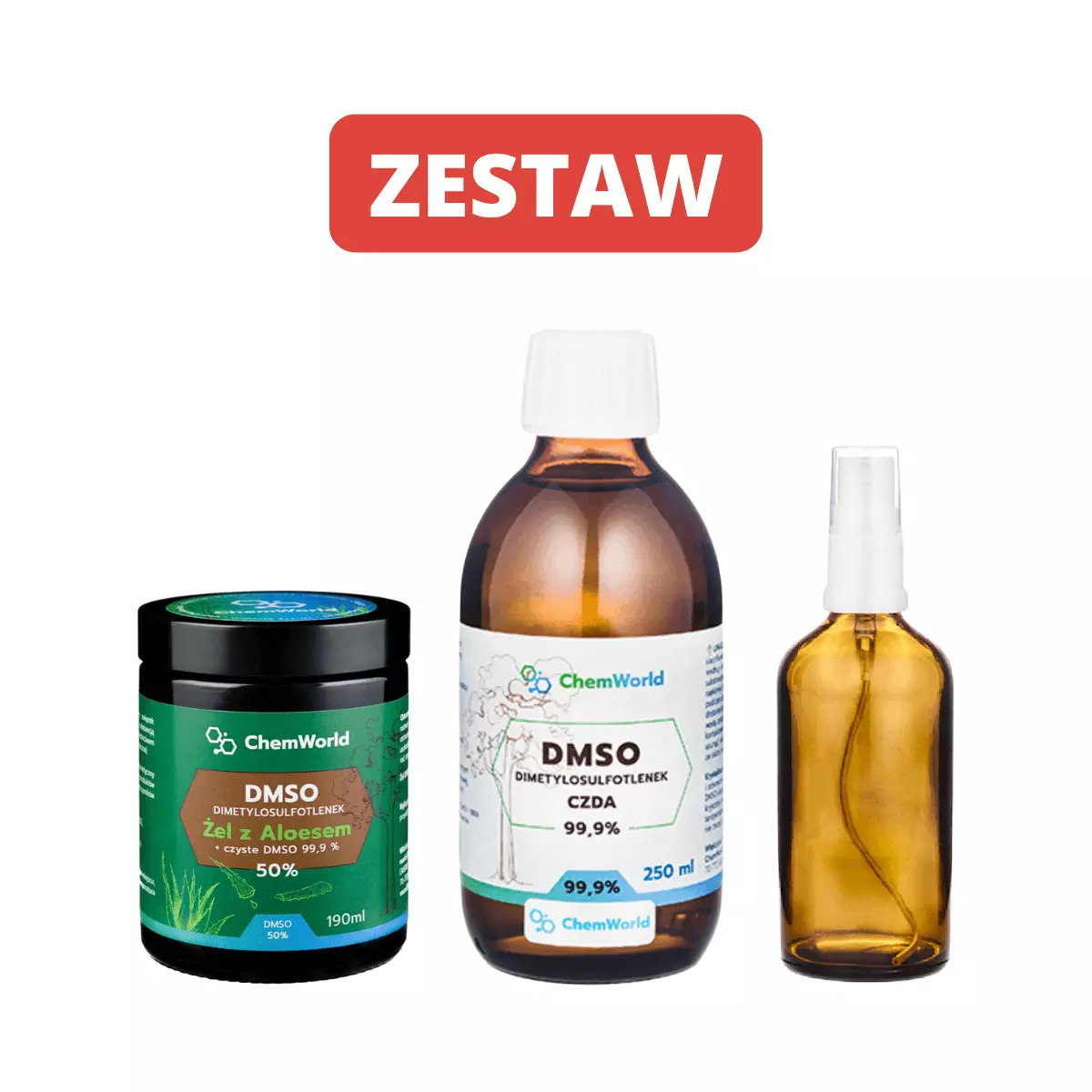 Zestaw Żel DMSO 50% z Aloesem Meksykańskim 190 ml + DMSO CZDA 99,9% 250 ml + Butelka szklana z Atomizerem 100 ml ChemWorld Zestaw Żel DMSO 50% z Aloesem Meksykańskim 190 ml + DMSO CZDA 99,9% 250 ml + Butelka szklana z Atomizerem 100 ml ChemWorld