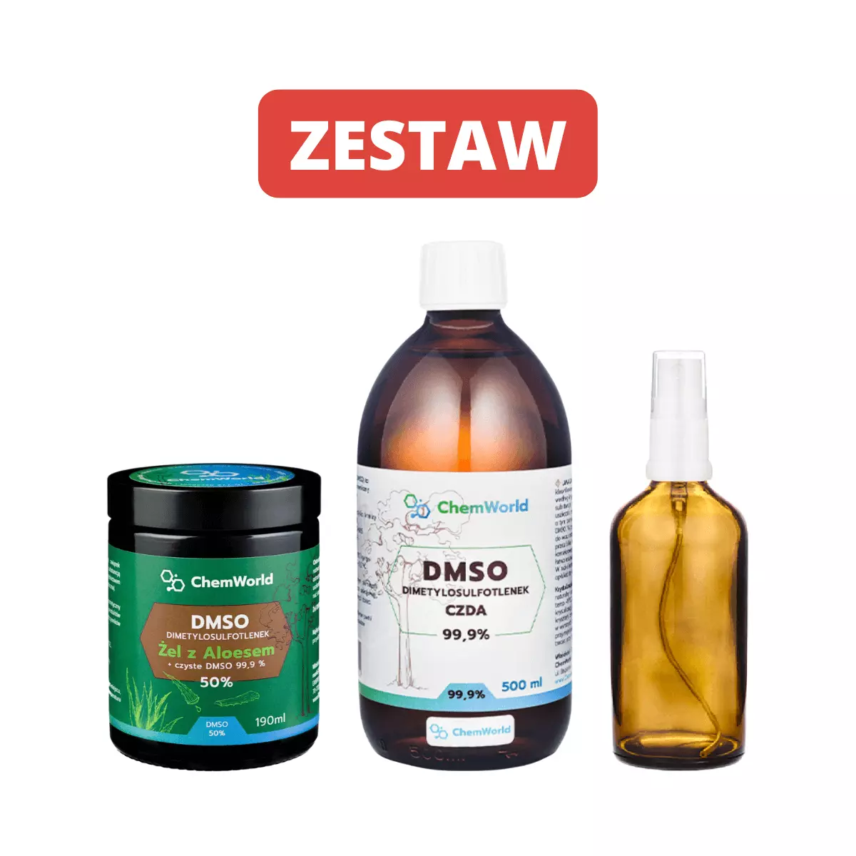 Zestaw Żel DMSO 50% z Aloesem Meksykańskim 190 ml + DMSO CZDA 99,9% 500 ml + Butelka szklana z Atomizerem 100 ml ChemWorld Zestaw Żel DMSO 50% z Aloesem Meksykańskim 190 ml + DMSO CZDA 99,9% 500 ml + Butelka szklana z Atomizerem 100 ml ChemWorld