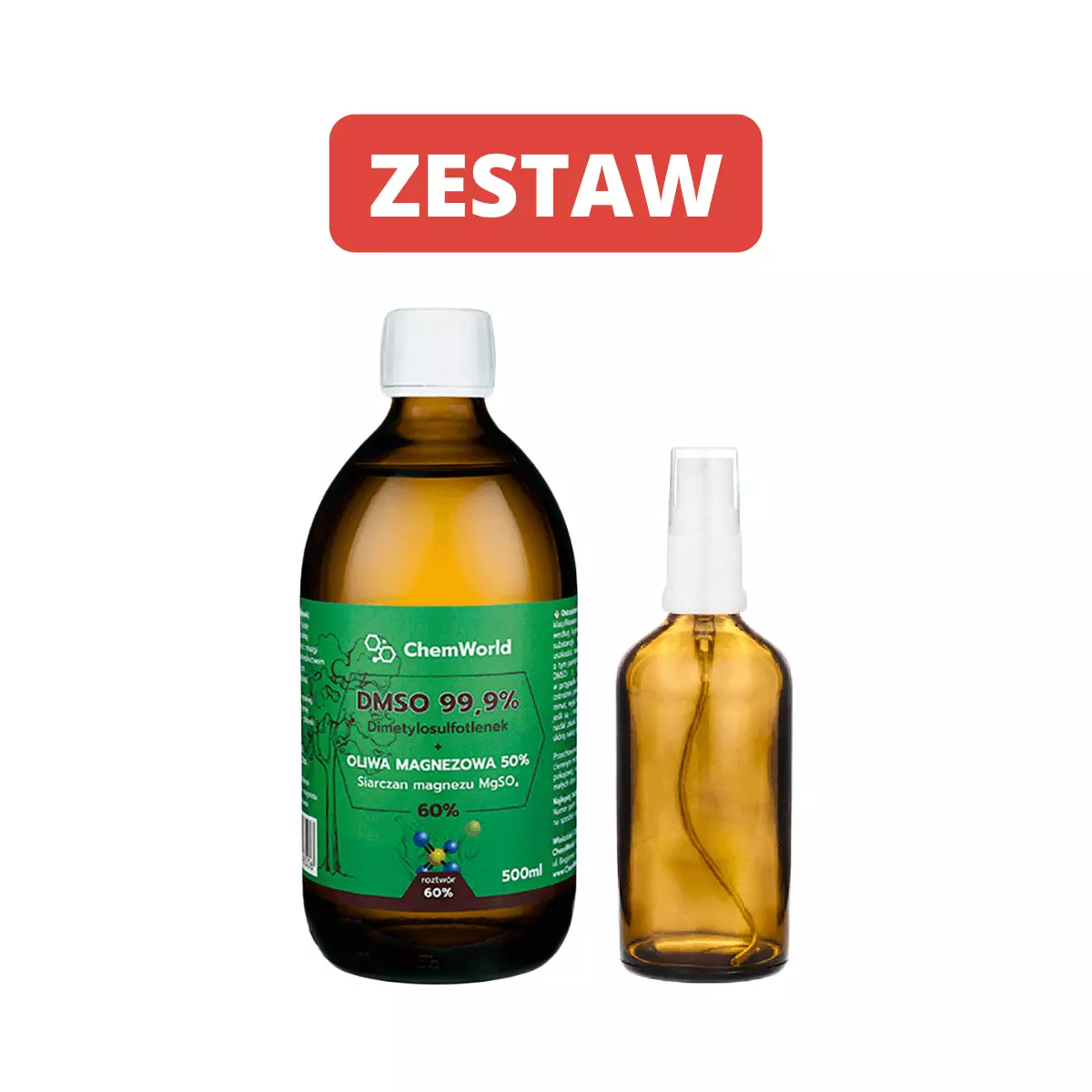 Zestaw DMSO 99,9% z Magnezem (siarczan) Roztwór 60% 500 ml + Butelka szklana z Atomizerem 100 ml ChemWorld Zestaw DMSO 99,9% z Magnezem (siarczan) Roztwór 60% 500 ml + Butelka szklana z Atomizerem 100 ml ChemWorld