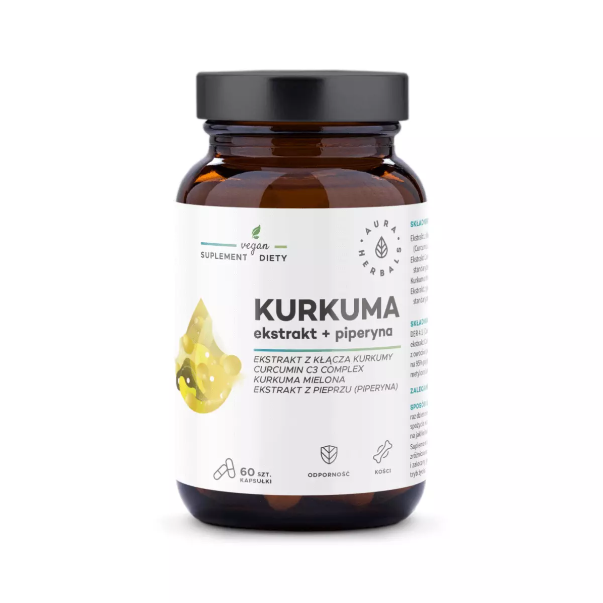 Kurkuma Ekstrakt z Kłącza Kurkumy 450 mg + Piperyna (60 kaps) VEGE Aura Herbals Kurkuma Ekstrakt z Kłącza Kurkumy 450 mg + Piperyna (60 kaps) VEGE Aura Herbals