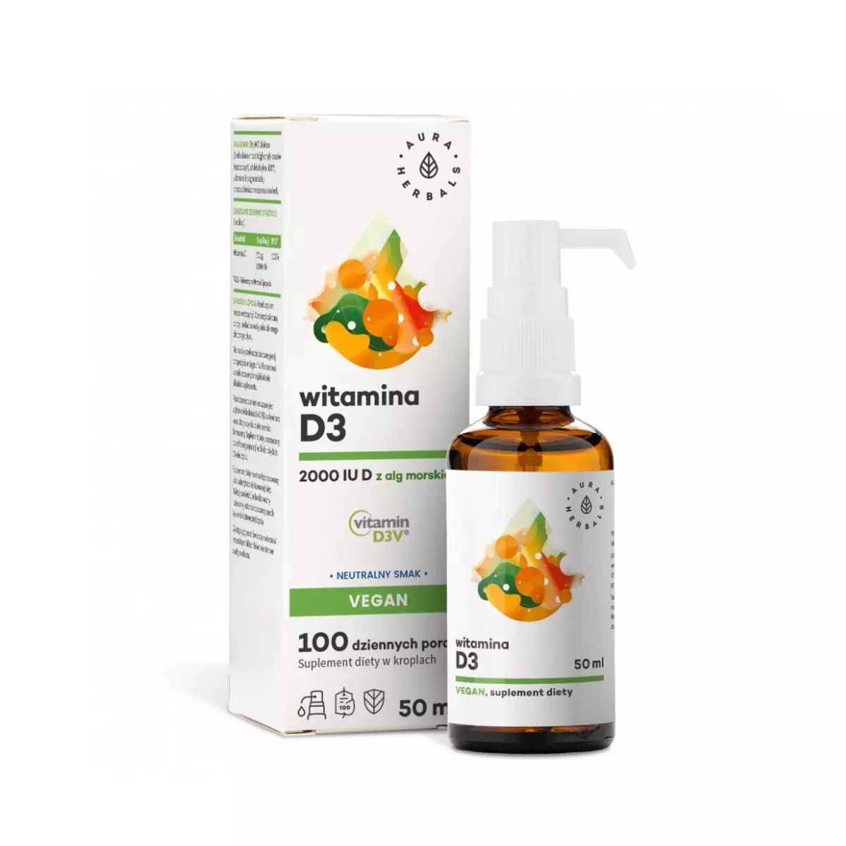 Witamina D3 2000 IU z Alg Morskich Olej MCT Wegańska Neutralny Smak Krople 50 ml Aura Herbals Witamina D3 2000 IU z Alg Morskich Olej MCT Wegańska Neutralny Smak Krople 50 ml Aura Herbals